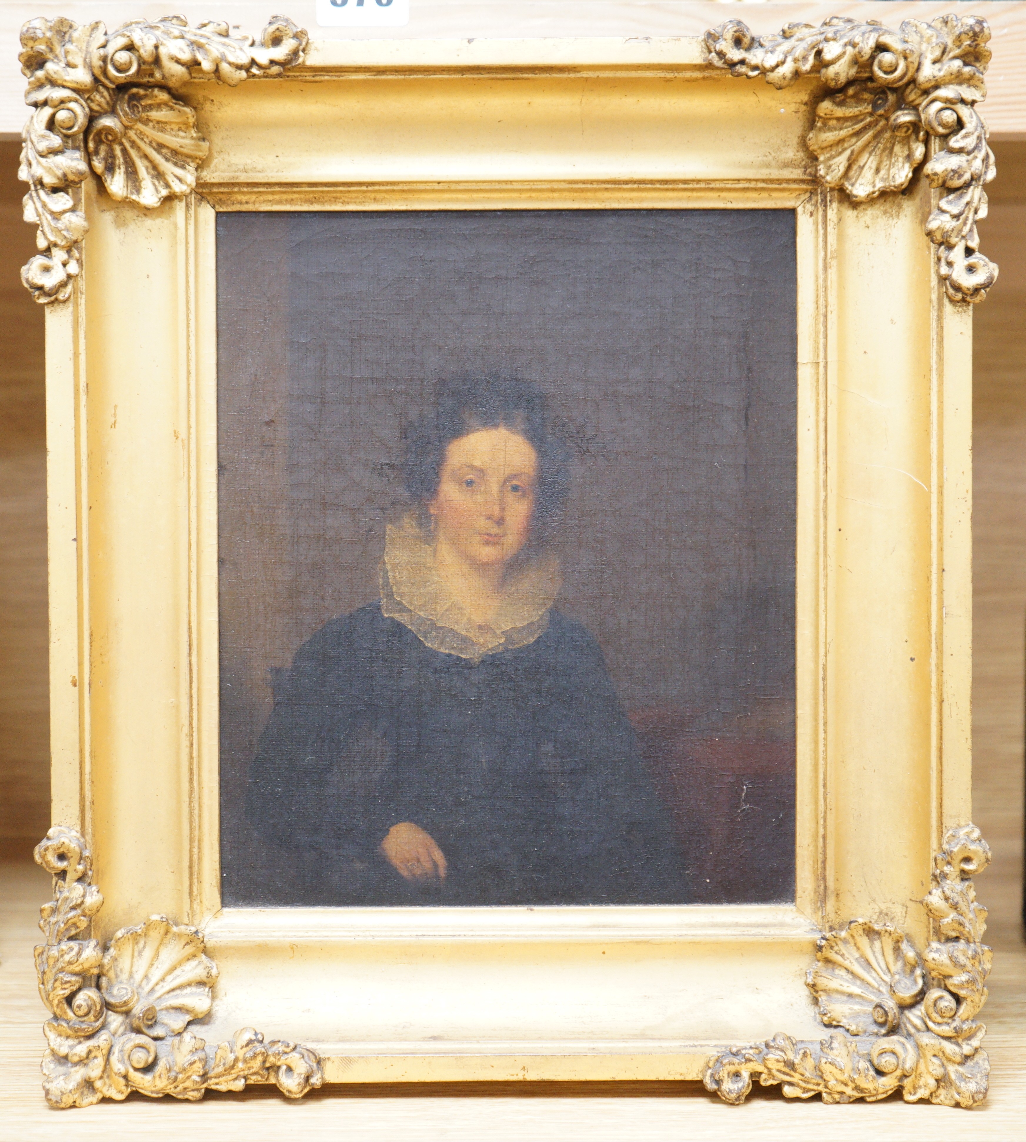 19th century Continental School, oil on canvas, Portrait of a lady wearing a lace collar, 24 x 20cm